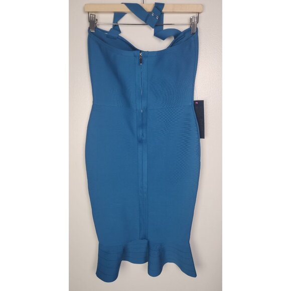 Bebe Women's Sz. M Bandage Ruffle Midi Dress In Crystal Teal NWT - Picture 5 of 6